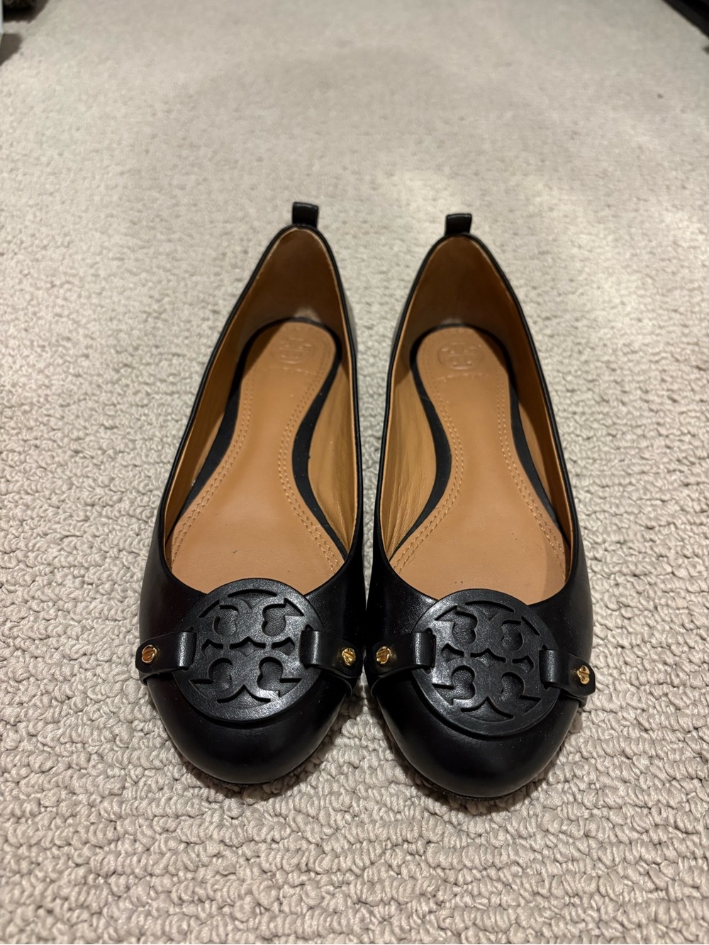 Tory Burch Black Leather Logo Medallion Ballet Flats